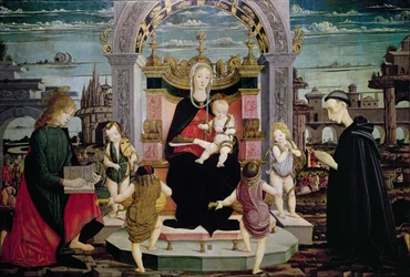 Virgem e Criança, entronizado com São João Evangelista e o Beato Giacomo Bertoni